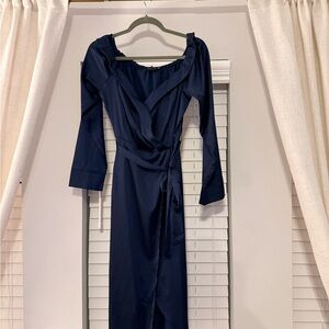 PrettyLittleThing Navy Wrap Midi Dress with Tie Waist